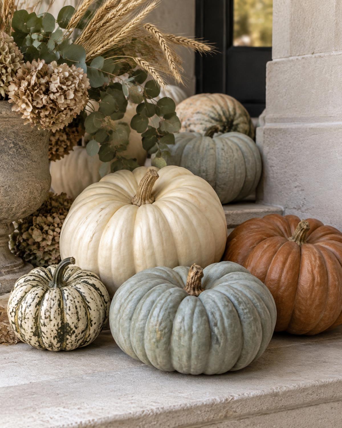 Heirloom pumpkins in cream, blue-grey and rust arranged on a stone step